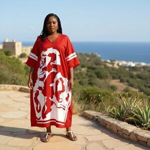 Women Plus Size Floral Printed Polyester Red Kaftan Maxi Dress for Beach Party